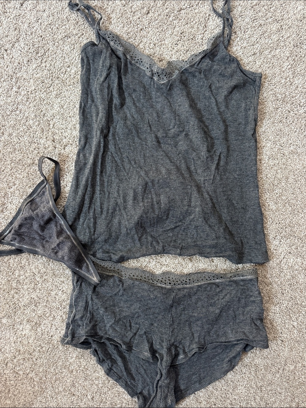 Victoria's Secret Charcoal Lace-Trim Cami & Brief Set